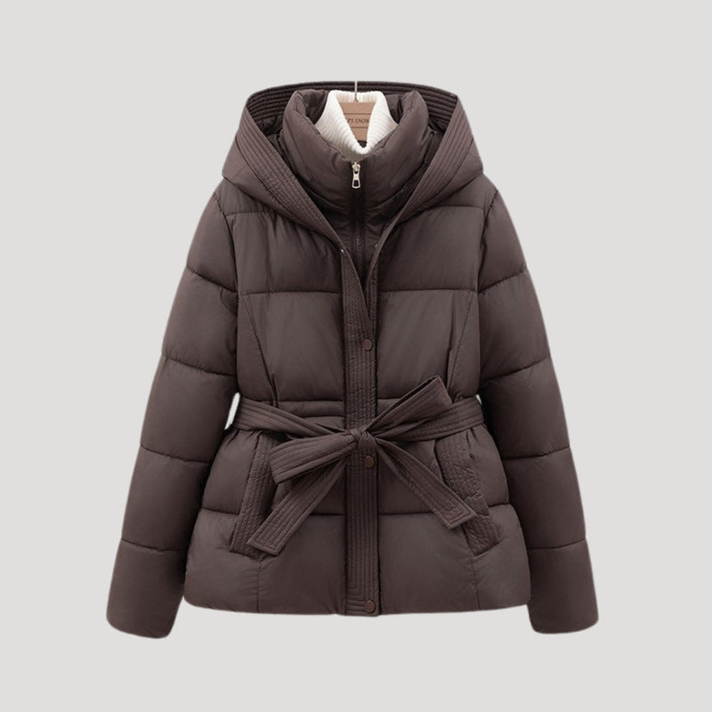 Women’s Short Puffer Jacket | Belted Design with Hood