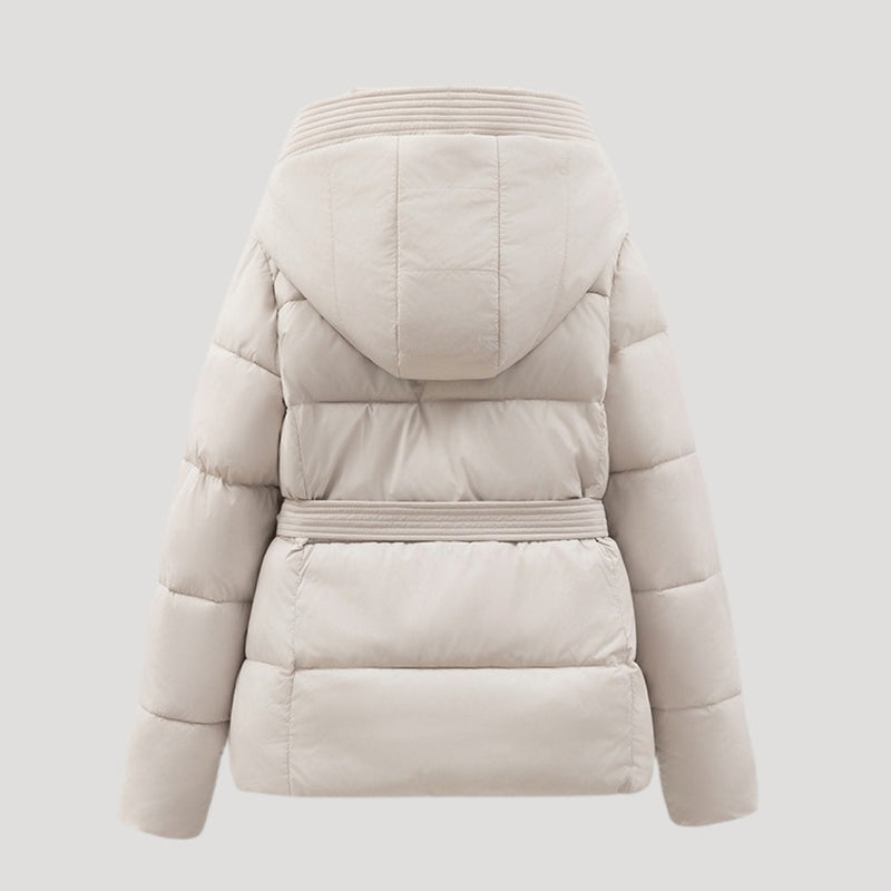 Women’s Short Puffer Jacket | Belted Design with Hood