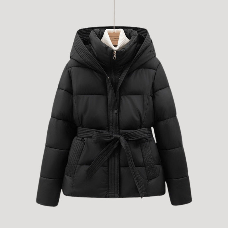 Women’s Short Puffer Jacket | Belted Design with Hood