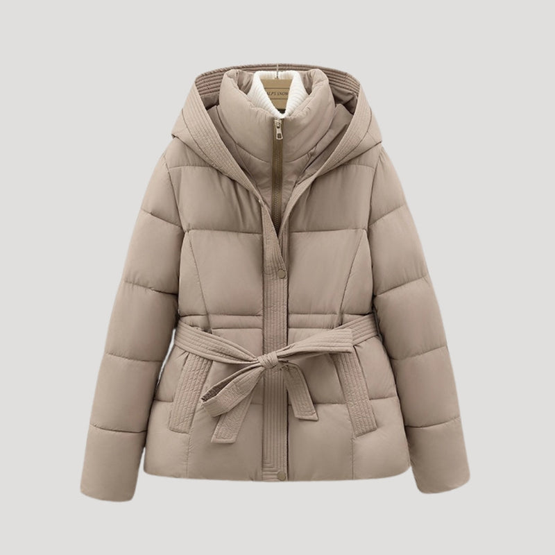 Women’s Short Puffer Jacket | Belted Design with Hood