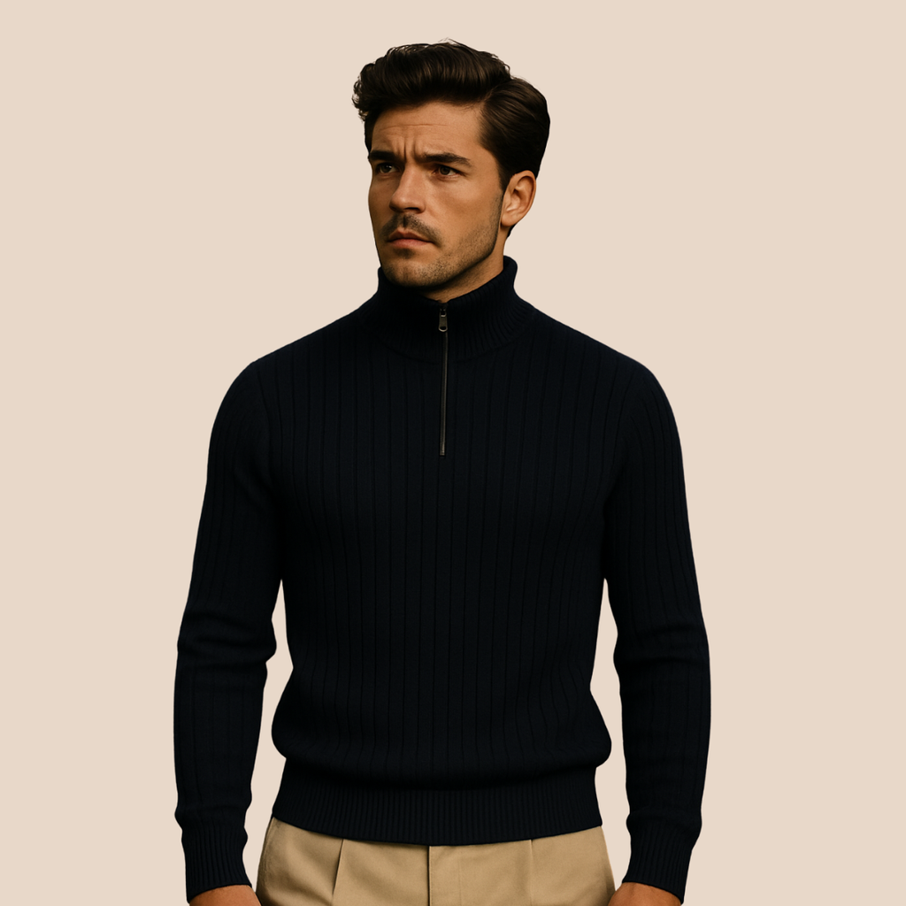 Men’s Quarter Zip Sweater – Ribbed Knit with Stand Collar