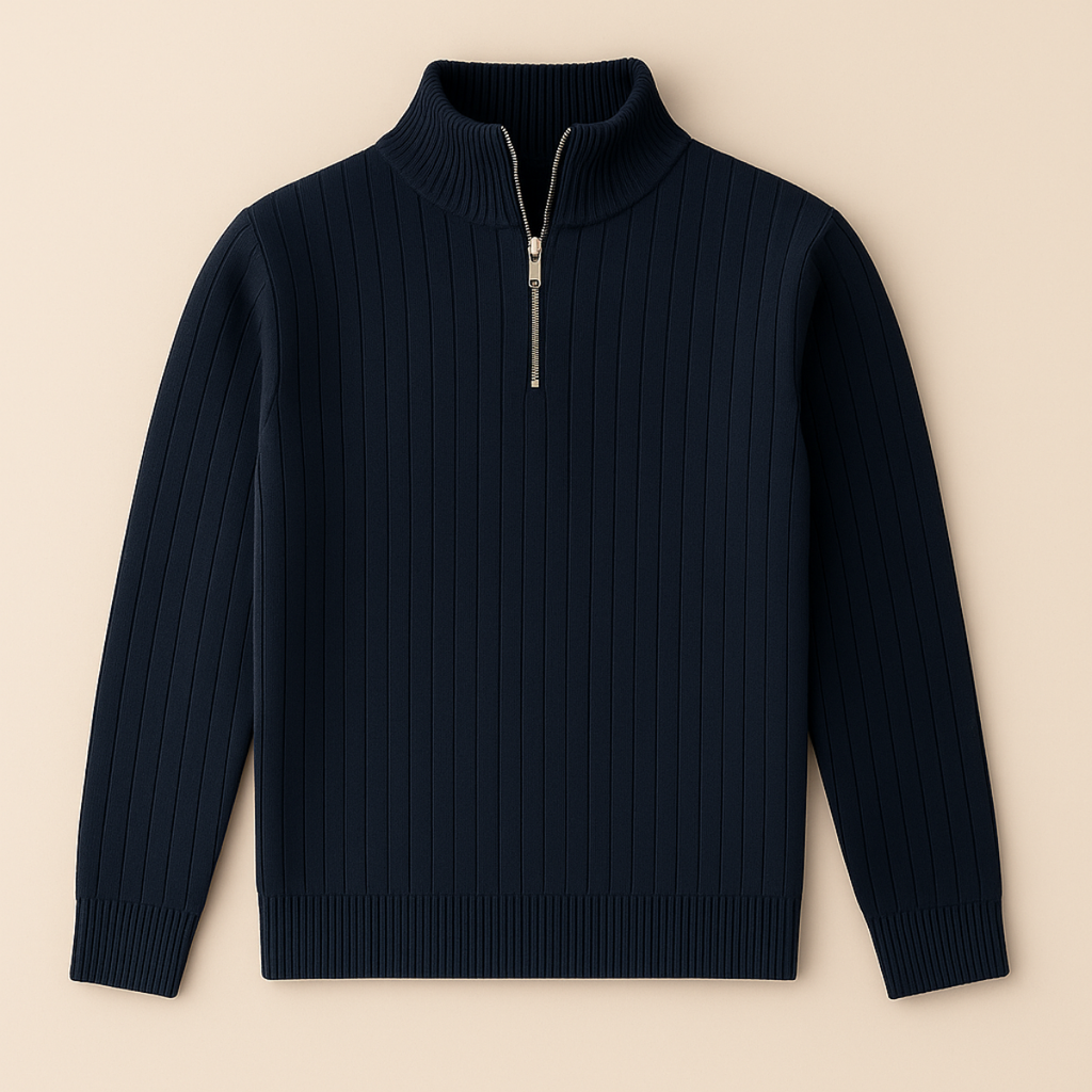 Men’s Quarter Zip Sweater – Ribbed Knit with Stand Collar