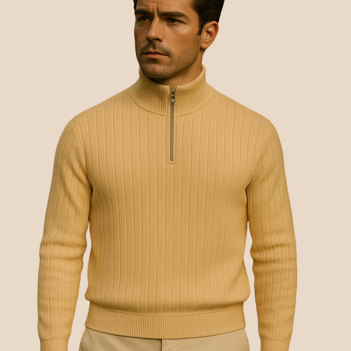 Men’s Quarter Zip Sweater – Ribbed Knit with Stand Collar