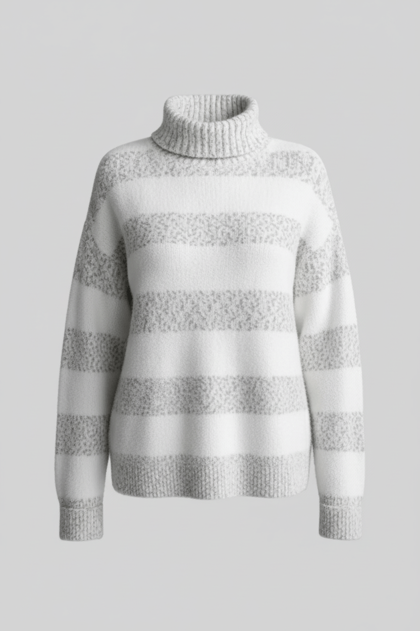Women’s Plush Knit Sweater – Ribbed Turtleneck with Striped Texture