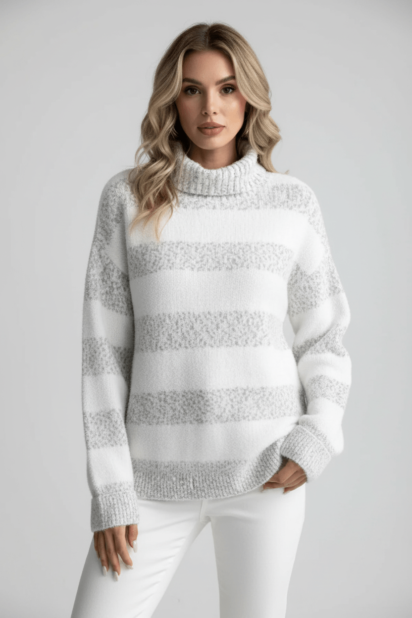 Women’s Plush Knit Sweater – Ribbed Turtleneck with Striped Texture