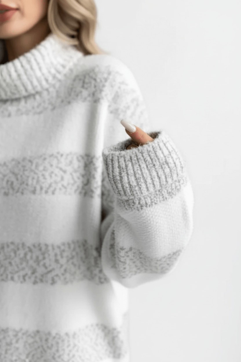 Women’s Plush Knit Sweater – Ribbed Turtleneck with Striped Texture