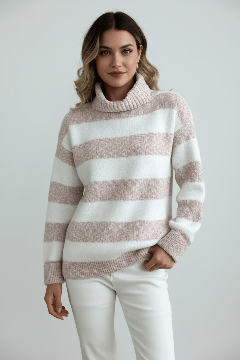 Women’s Plush Knit Sweater – Ribbed Turtleneck with Striped Texture
