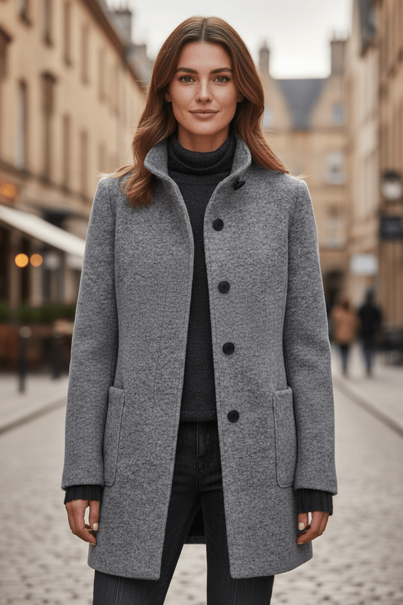 Women’s Long Coat | Stand-Collar Design with Tailored Fit