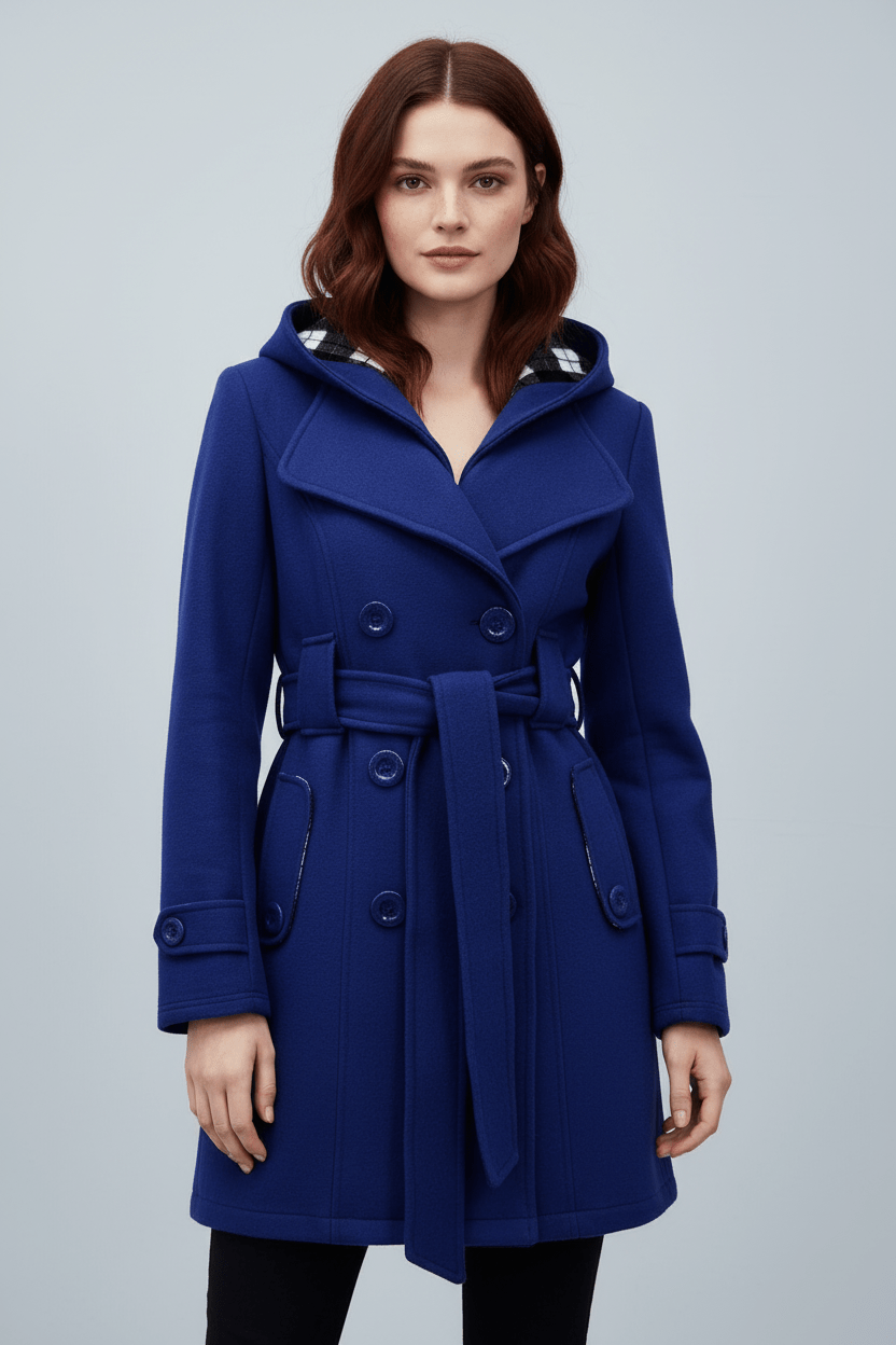 Women’s Double-Breasted Hooded Coat with Belted Waist