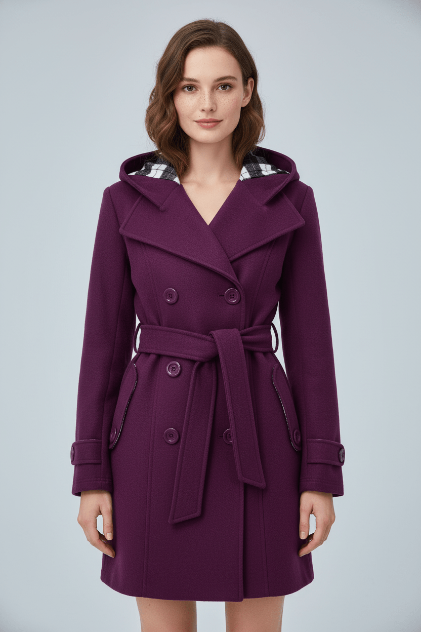 Women’s Double-Breasted Hooded Coat with Belted Waist