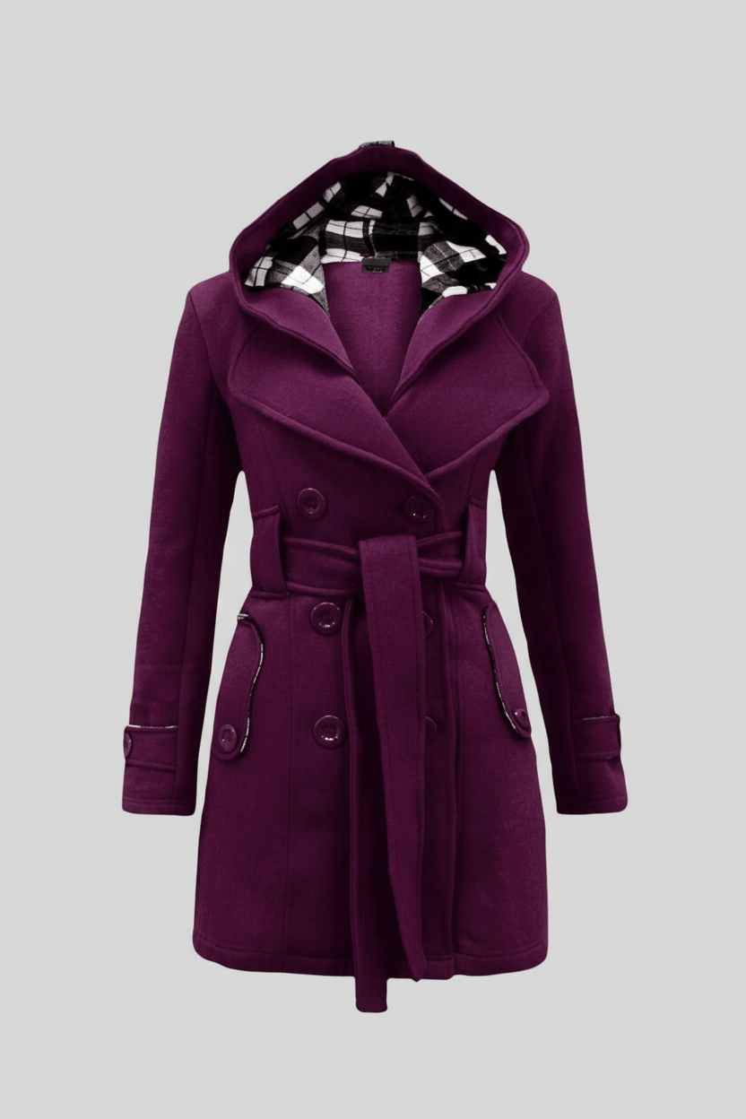 Women’s Double-Breasted Hooded Coat with Belted Waist
