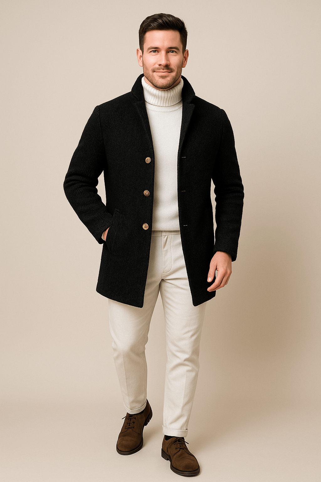 Men’s Button-Up Cardigan | Stand Collar with Structured Design