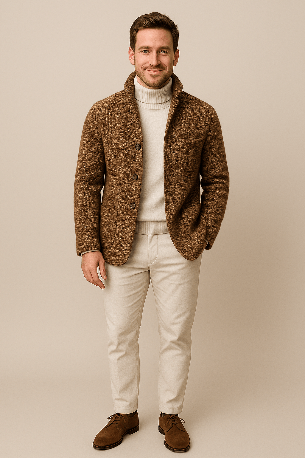 Men’s Button-Up Cardigan | Stand Collar with Structured Design