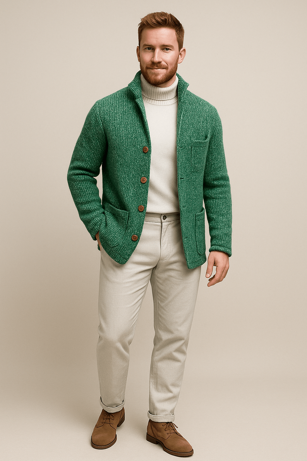 Men’s Button-Up Cardigan | Stand Collar with Structured Design
