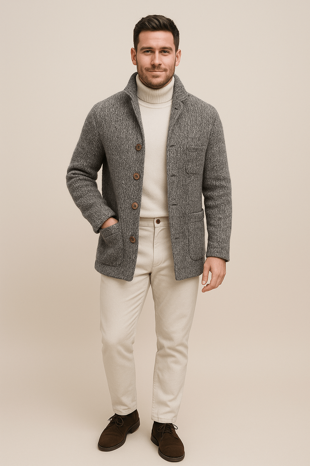 Men’s Button-Up Cardigan | Stand Collar with Structured Design