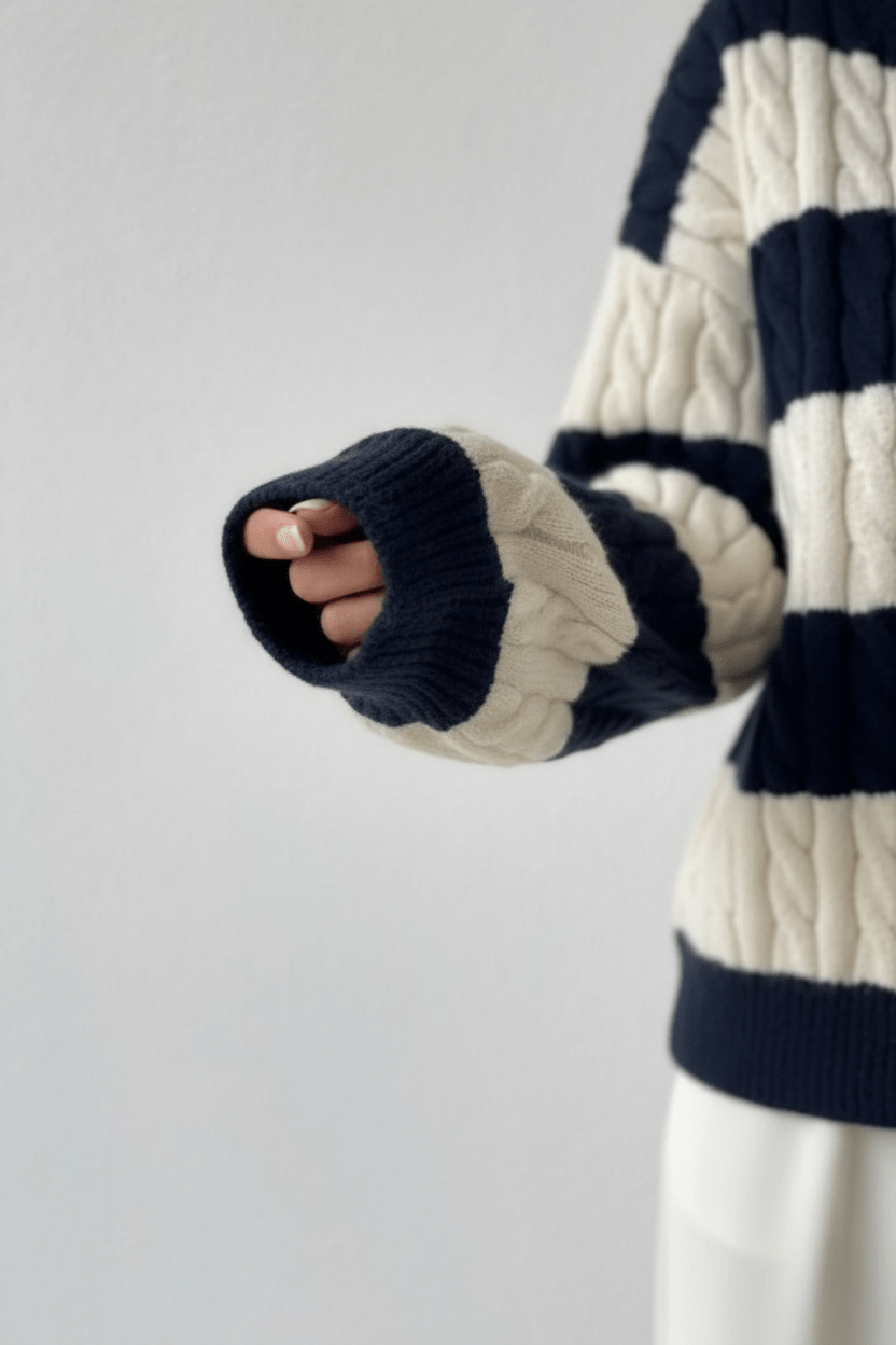 Women’s Oversized Cable Knit V-Neck Sweater – Striped Detailing
