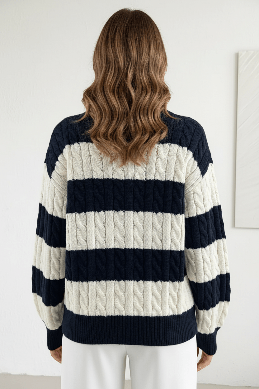 Women’s Oversized Cable Knit V-Neck Sweater – Striped Detailing