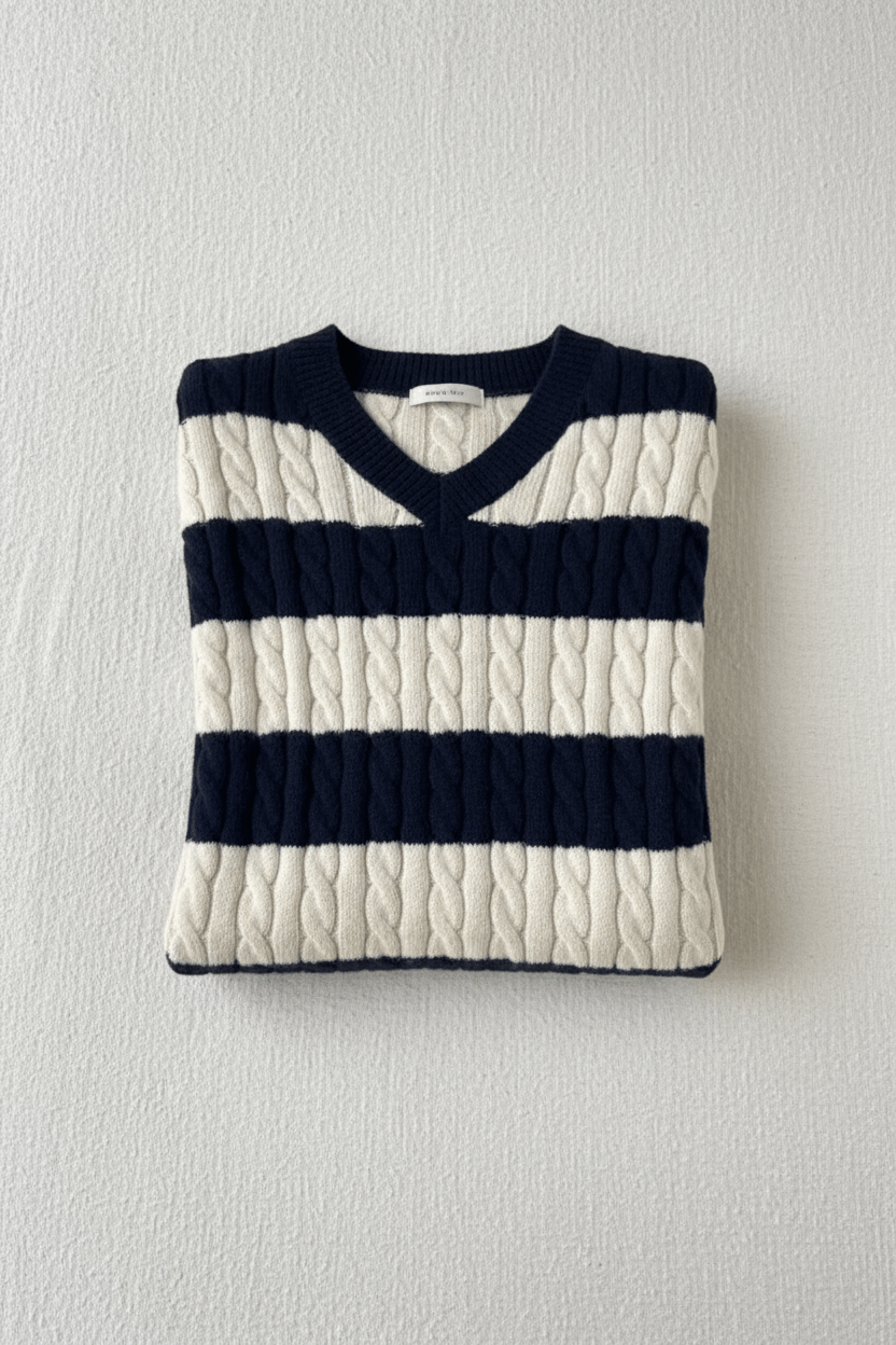 Women’s Oversized Cable Knit V-Neck Sweater – Striped Detailing