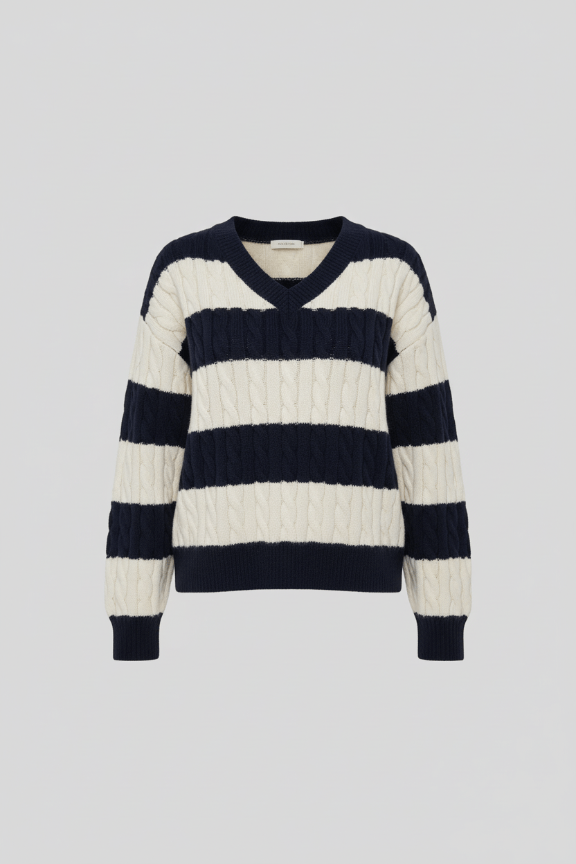 Women’s Oversized Cable Knit V-Neck Sweater – Striped Detailing