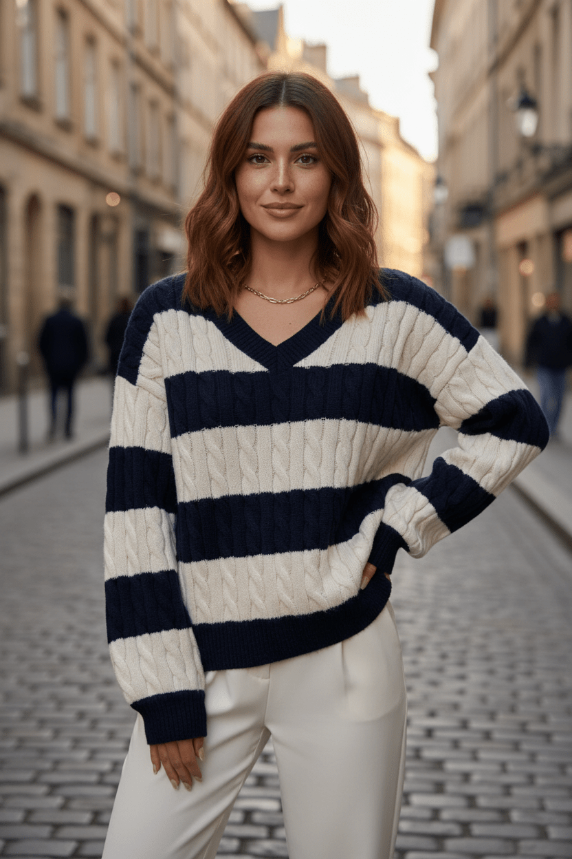 Women’s Oversized Cable Knit V-Neck Sweater – Striped Detailing