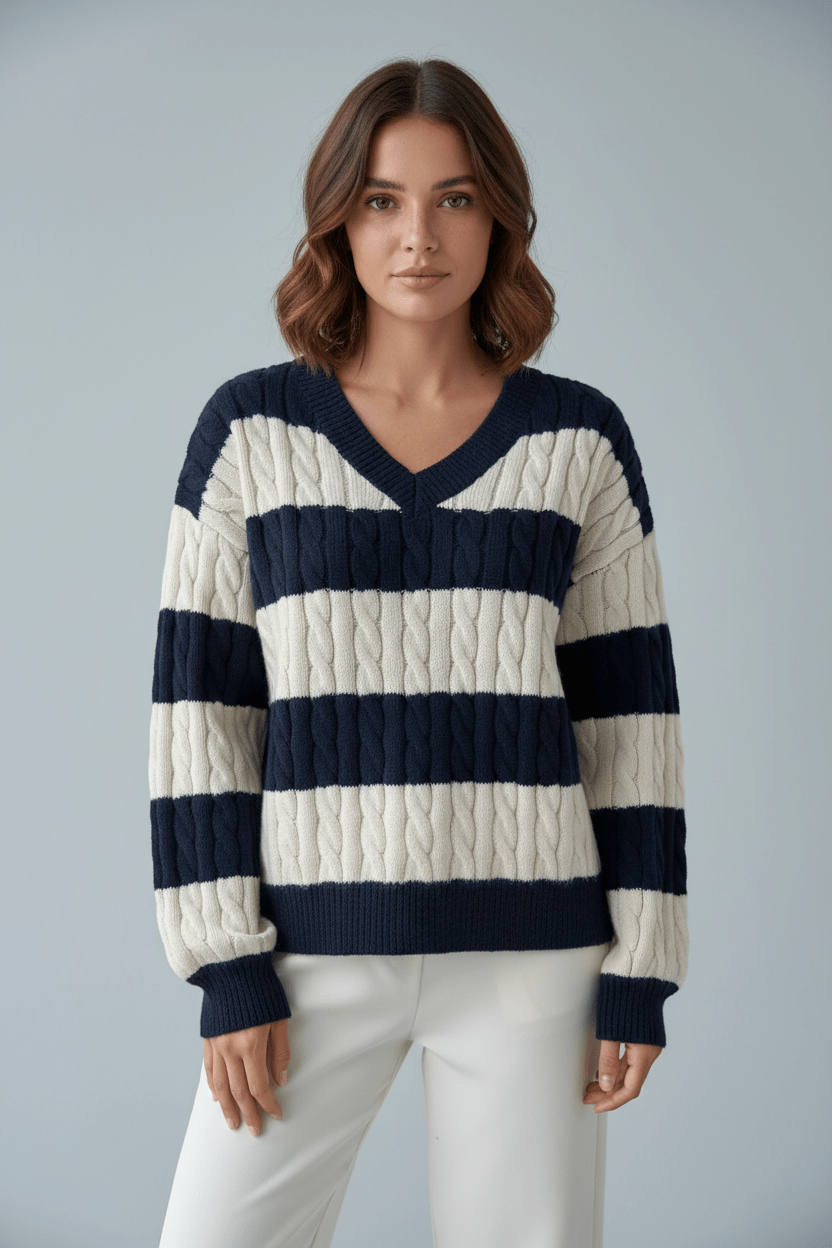 Women’s Oversized Cable Knit V-Neck Sweater – Striped Detailing