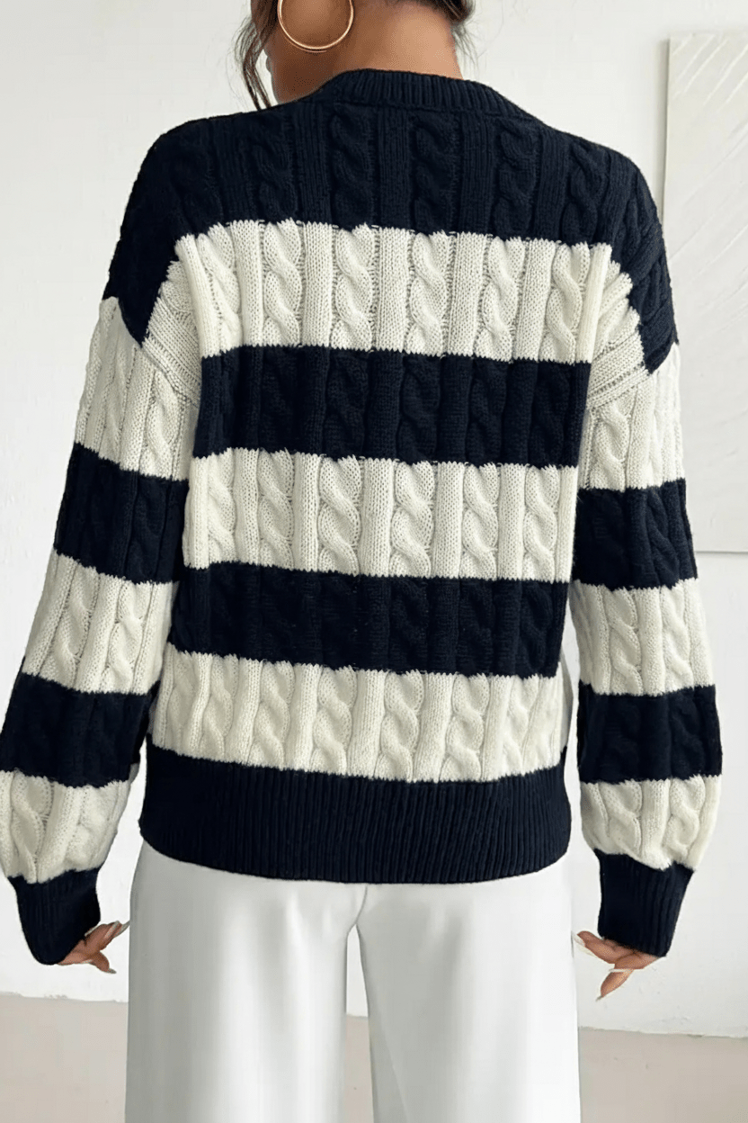 Women’s Oversized Cable Knit V-Neck Sweater – Striped Detailing