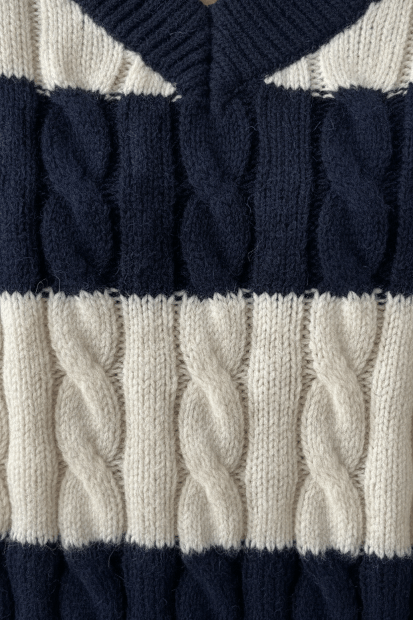 Women’s Oversized Cable Knit V-Neck Sweater – Striped Detailing