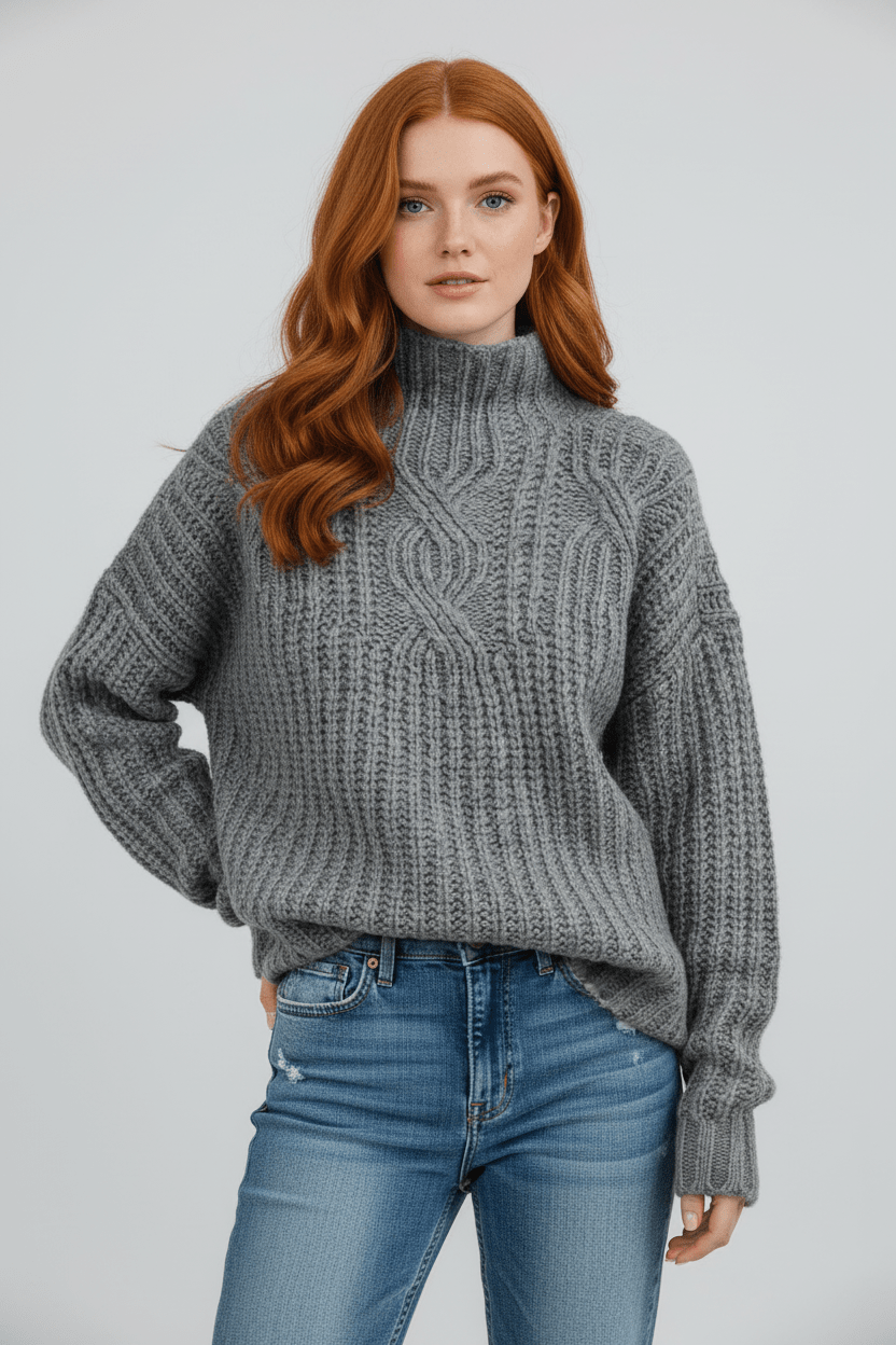 Women’s Cable Knit Sweater | High Neck with Classic Style