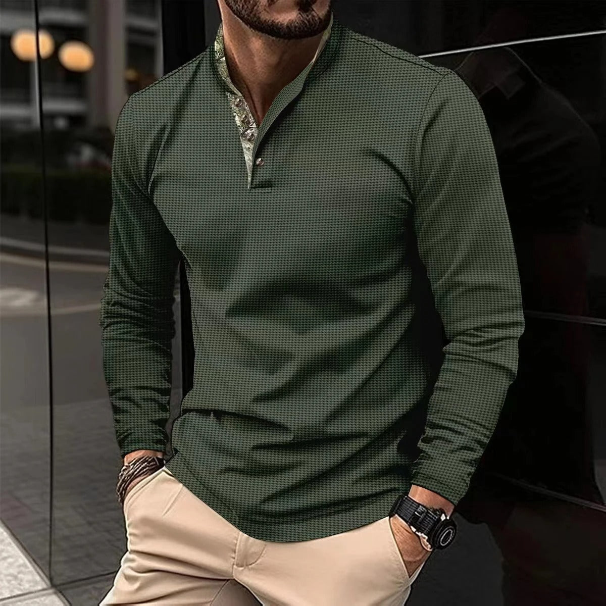 Men’s Long-Sleeve Polo | Modern Design with Contrast Collar Detail