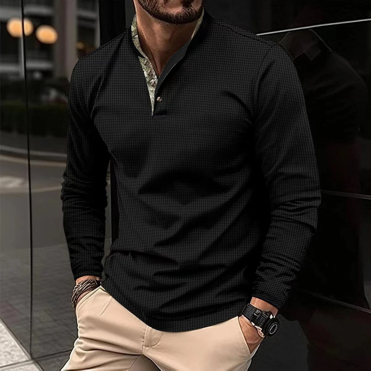 Men’s Long-Sleeve Polo | Modern Design with Contrast Collar Detail