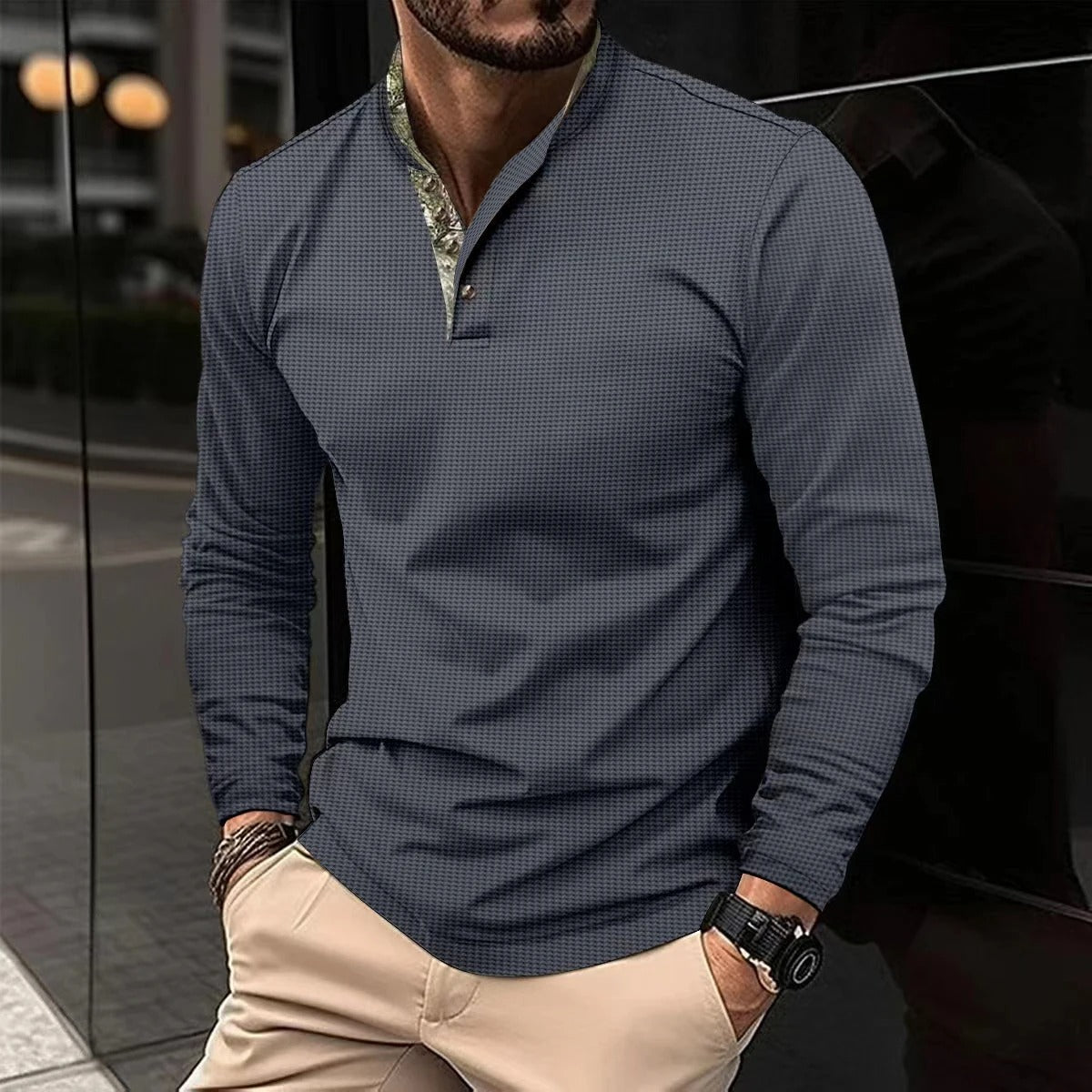 Men’s Long-Sleeve Polo | Modern Design with Contrast Collar Detail
