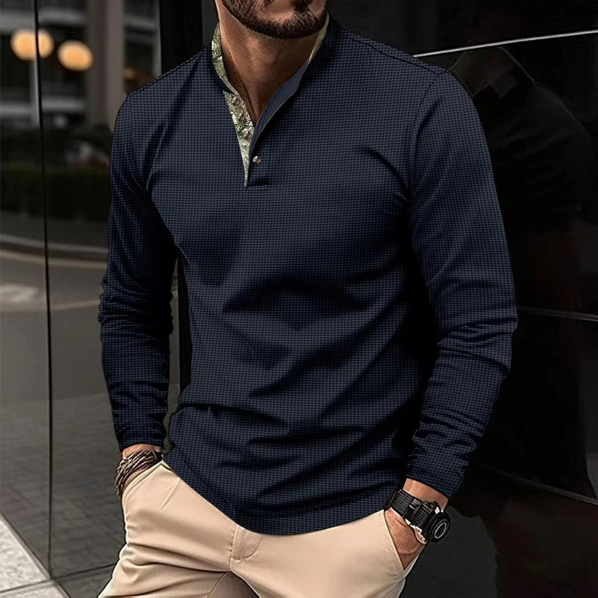 Men’s Long-Sleeve Polo | Modern Design with Contrast Collar Detail