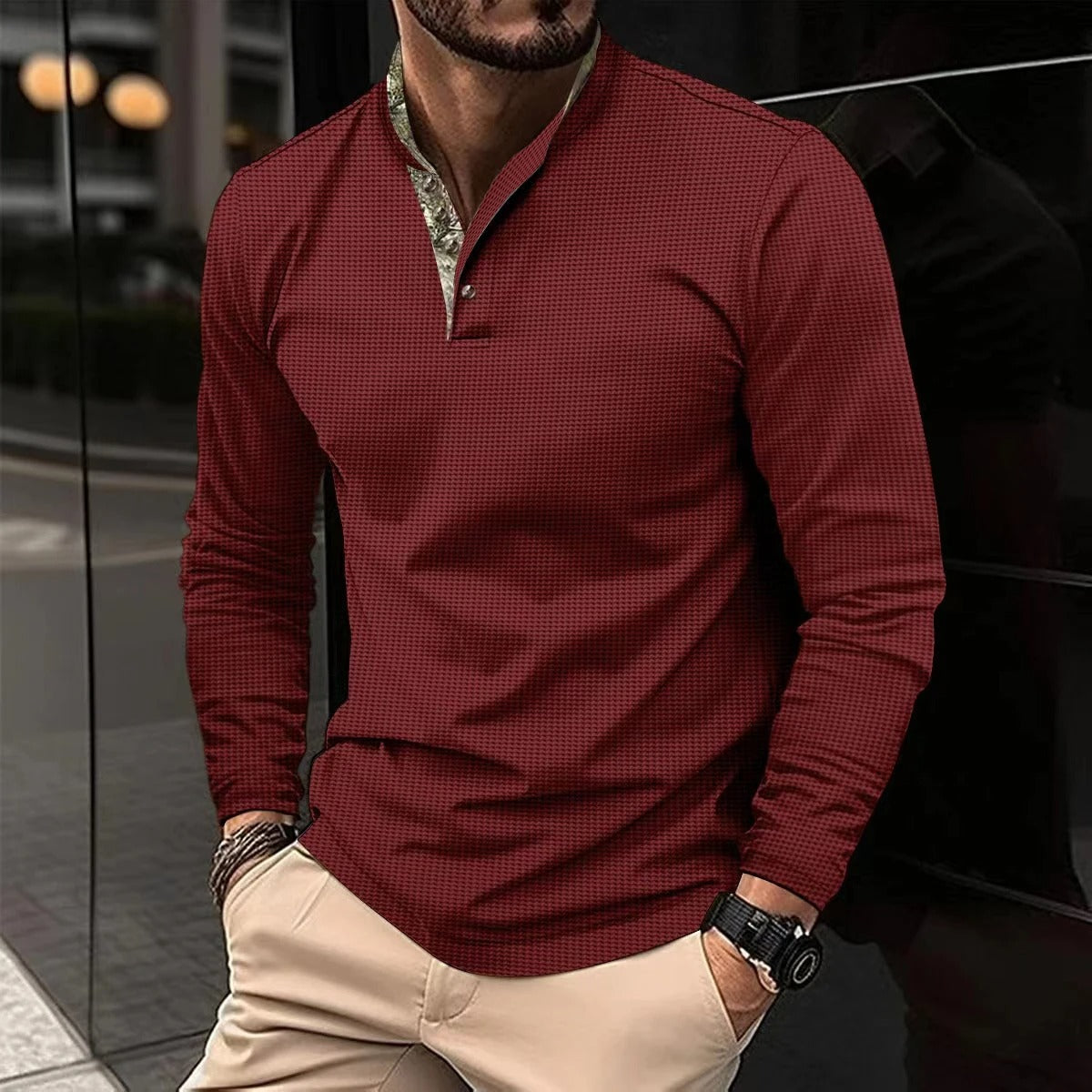 Men’s Long-Sleeve Polo | Modern Design with Contrast Collar Detail